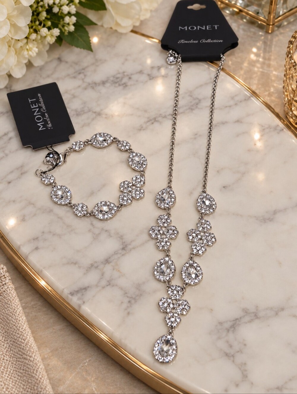 MONET Timeless Collection Crystal Necklace & Matching Bracelet Set